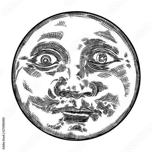 Hand drawn sketch of moon human like face or anthropomorphic planet in black and white, isolated on white. Detailed vintage style stipple drawing. Vector.