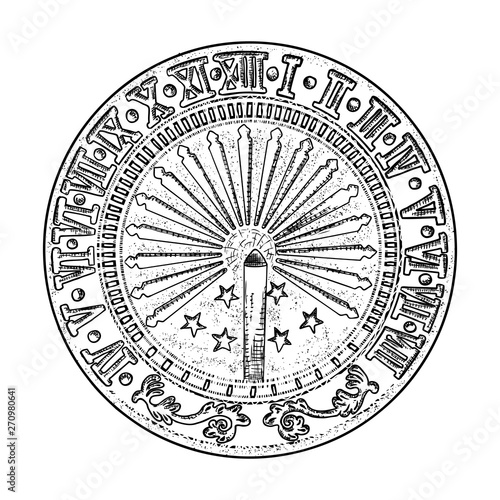 Sundial or sun clock drawing. Hand drawn and isolated. Vector