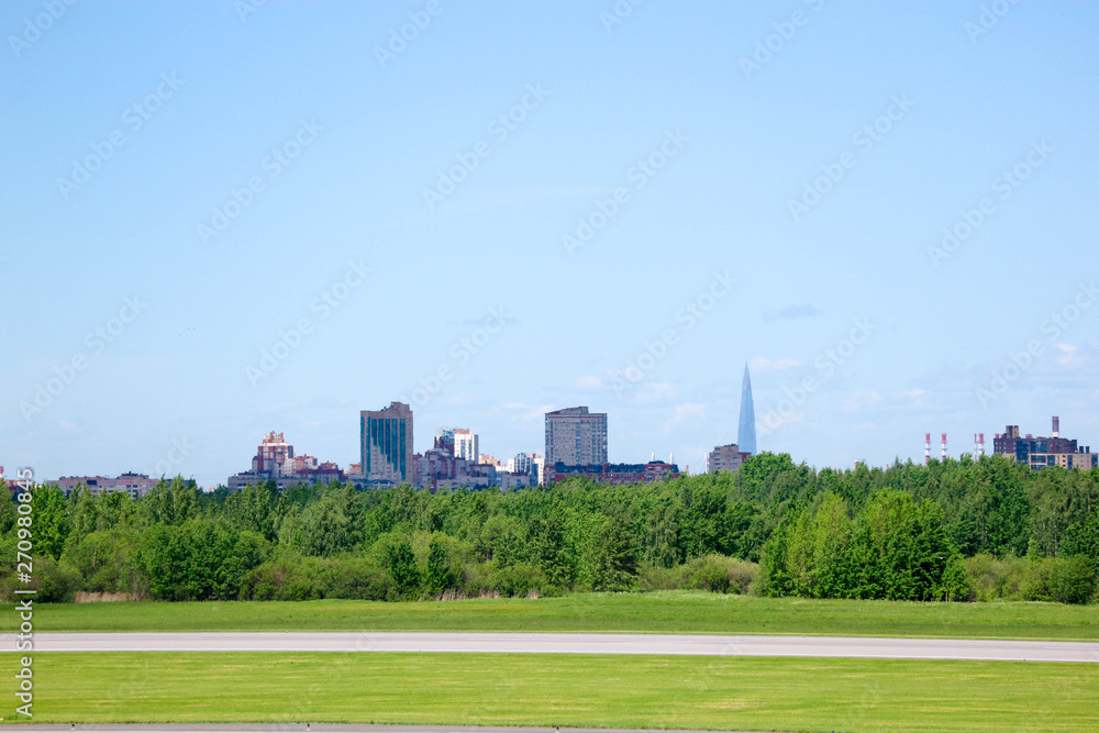 Skyline view of Saint Petersburg from the airport, Russia
