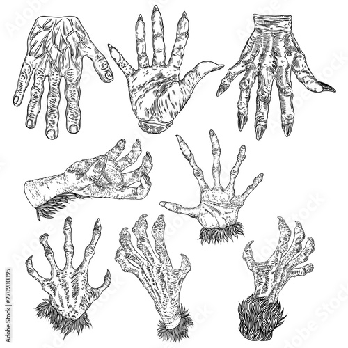 Halloween engraving drawings set of monsters hands, werewolf, witch, zombie, dragon, and vampire hands isolated on white background. Vector.
