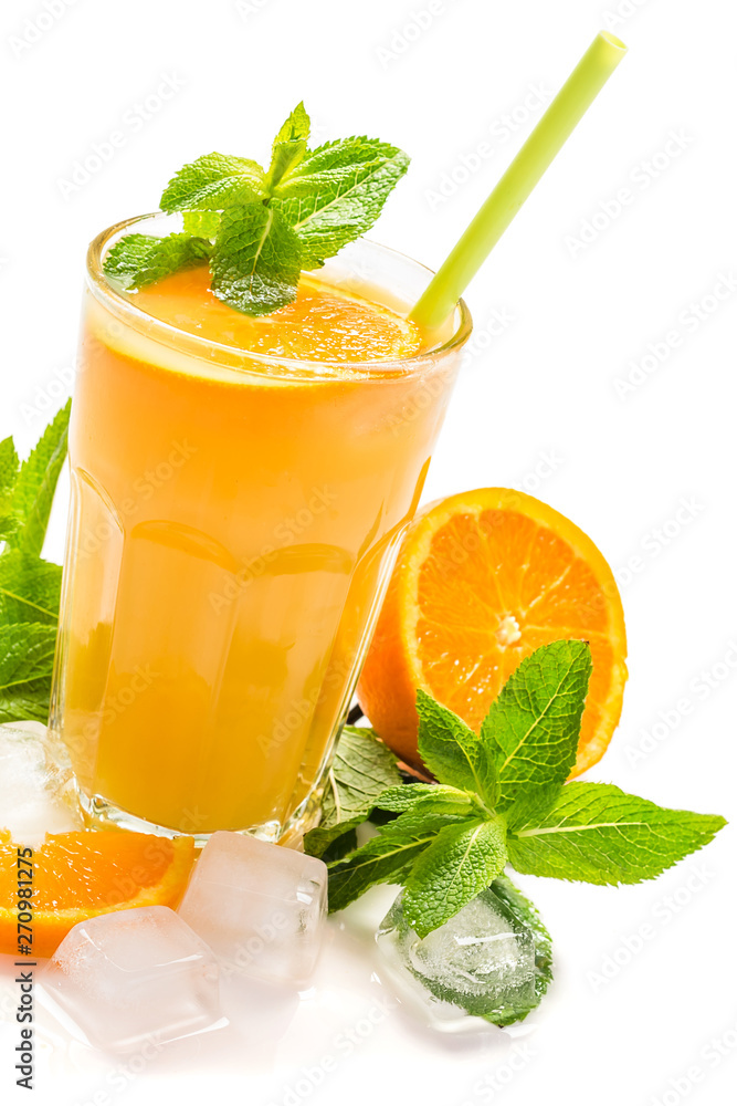 Fototapeta premium Fruit cocktail. Drink from orange to glass, with addition of mint. Orange juice