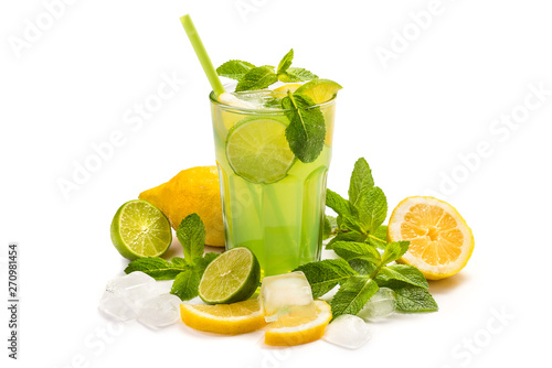 Fruit cocktail. Lime and lemon drink in a glass with mint