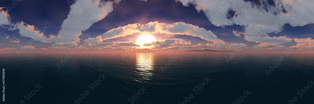 Panorama of the ocean sunset, sunrise at sea, light above the water, 3D rendering
