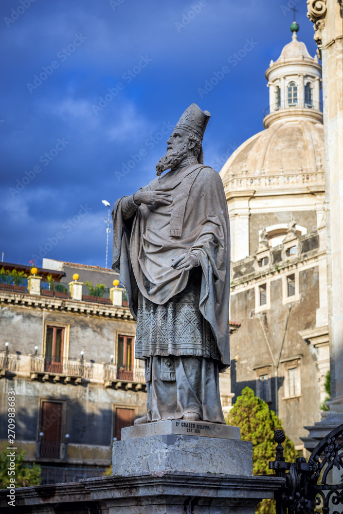 Statue in front of Catania Cathedral in Catania on the island of Sicily, Italy