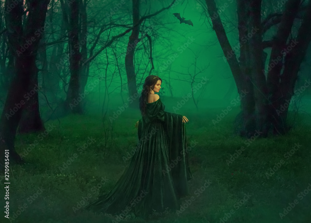 dark queen of otherworldly forces leads into realm of dead souls. bloody vampire in long velor emerald dress lures into her lair, lost pretty princess with dark hair lost her way and follows bat dark queen of otherworldly forces leads into realm of dead souls. bloody vampire in long velor emerald dress lures into her lair, lost pretty princess with dark hair lost her way and follows bat