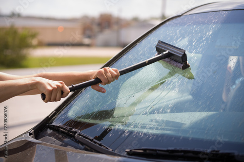 Hands of the girl wash the windshield of the car with a special brush from dried flying insects. The car after a trip on the autobahn