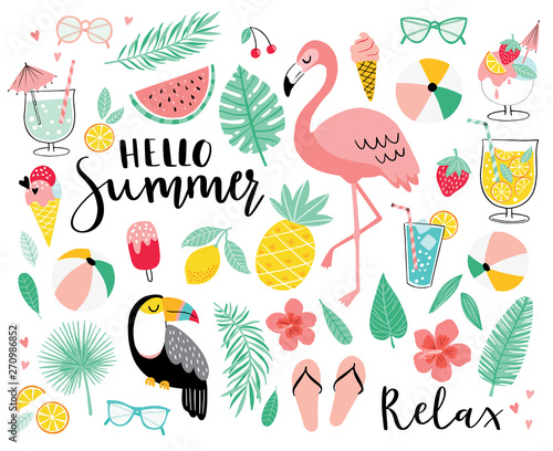 Set of cute summer icons. Hand drawn vector illustration.  Flamingo, toucan, tropical palm leaves, fruits, food, drinks. Summertime poster, scrapbooking elements.  photo