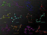 Set of zodiac constellations. Horoscope set: Aries, Leo, Sagitarius, Capricorn, Taurus, Virgo, Libra, Aquarius, Gemini, Cancer, Scorpio, Pisces