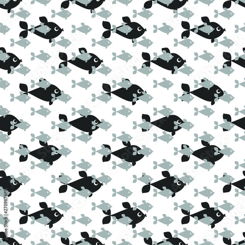 Seamless pattern with big black and small gray fishes