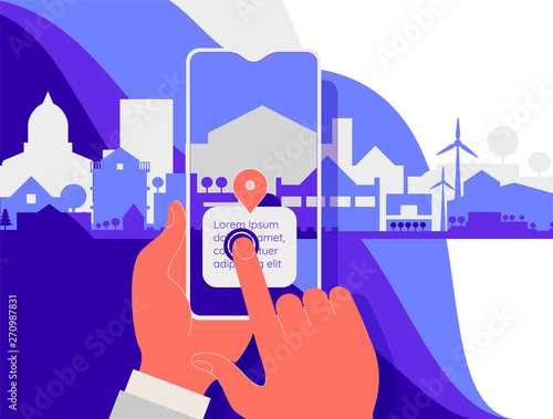 Augmented reality mobile app concept, for travelling navigation and outdoor activity, mobile geolocation and augmented reality content. Trendy vector illustration