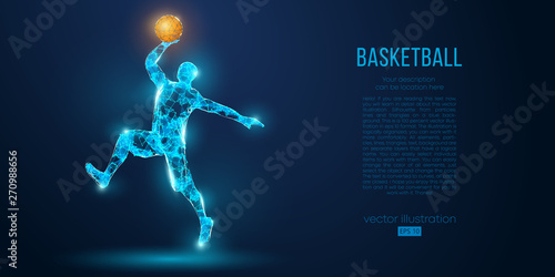 Abstract basketball player from particles, lines and triangles on blue background. All elements on a separate layers, color can be changed to any other. Low poly neon wire outline geometric vector