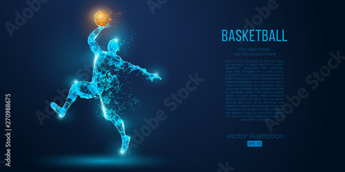 Abstract basketball player from particles, lines and triangles on blue background. All elements on a separate layers, color can be changed to any other. Low poly neon wire outline geometric vector