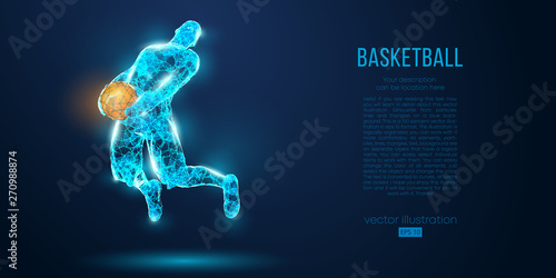 Abstract basketball player from particles, lines and triangles on blue background. All elements on a separate layers, color can be changed to any other. Low poly neon wire outline geometric vector
