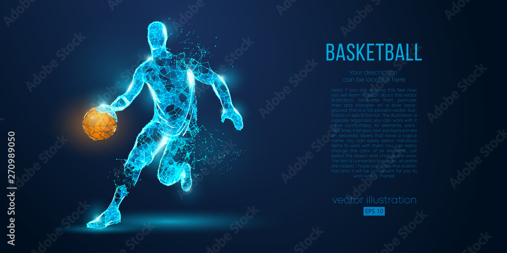 Fototapeta Abstract basketball player from particles, lines and triangles on blue background. All elements on a separate layers, color can be changed to any other. Low poly neon wire outline geometric vector