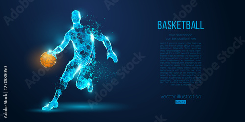 Abstract basketball player from particles, lines and triangles on blue background. All elements on a separate layers, color can be changed to any other. Low poly neon wire outline geometric vector