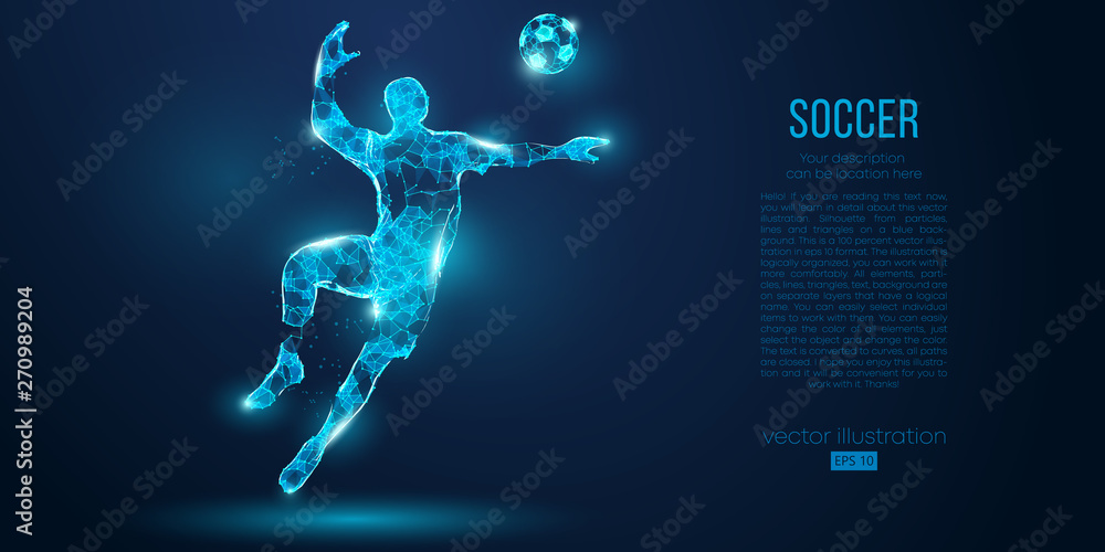 Fototapeta Abstract soccer player, footballer from particles on blue background. All elements on a separate layers, color can be changed to any other. Low poly neon wire outline geometric football player. Vector
