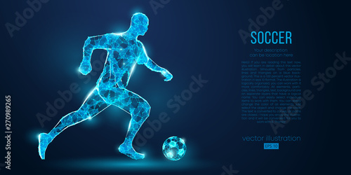 Abstract soccer player, footballer from particles on blue background. All elements on a separate layers, color can be changed to any other. Low poly neon wire outline geometric football player. Vector