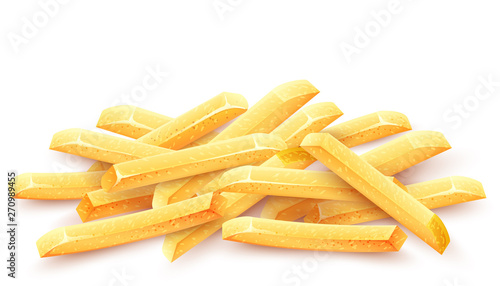 French fries. Roasted potato chips in deep fat fry oil potatoes. Yellow sticks. Fastfood. Unhealthy tasty food. Horizontal banner, isolated on white background. Eps10 vector illustration.