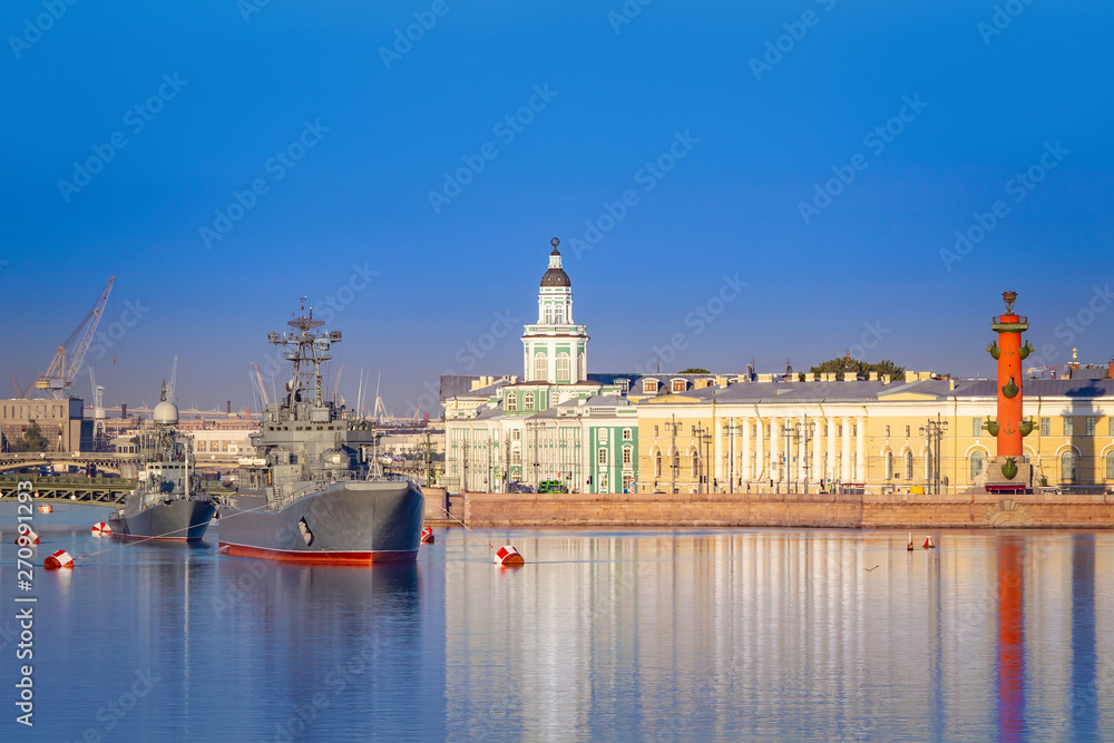Petersburg. Russia. Day of the Navy of Russia. Naval parade. A series of military destroyers on Neva. Bridges of St. Petersburg. University Embankment. Vasilyevsky Island. Military holidays of Russia.