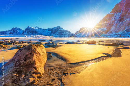 Skagsanden beach  amazing natural landscape on Lofoten Islands Archipelago. Skagsanden beach is popular spot for arctic surfing. Norway  Scandinavia  Europe. Lofotens is famous natural wonder. 