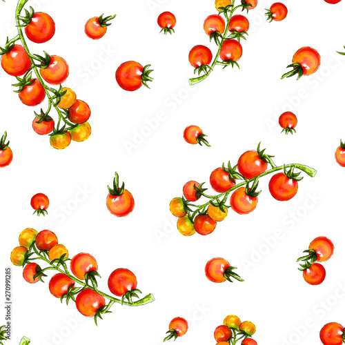Cherry tomatoes illustration. Watercolor seamless pattern of vegetables, raw red cherry tomato. Hand-drawn healthy food.