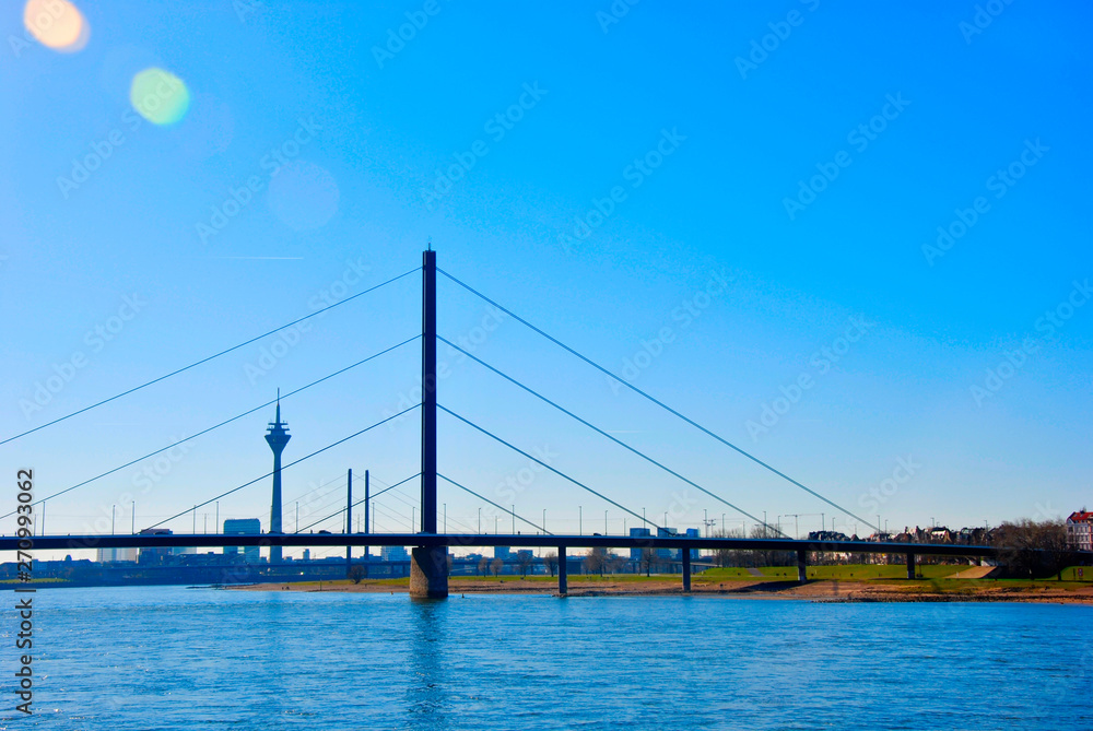 the famous Rheinkniebrücke in Dusseldorf. It is a well known landmark of Northrhine-Westphalia in Germany