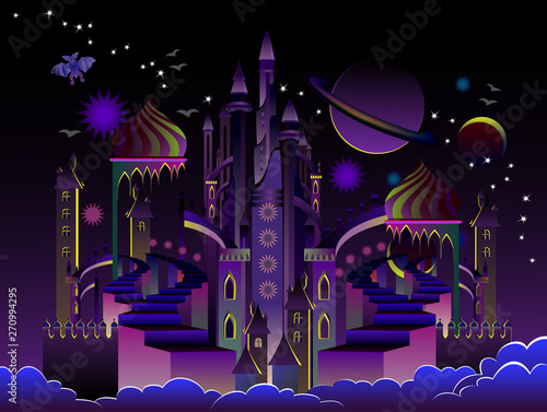 Illustration of fantastic futuristic eastern city at night time. Cover for kids fairy tale book. Poster for travel company. Imaginary fairyland space landscape. Modern print. Vector cartoon image.