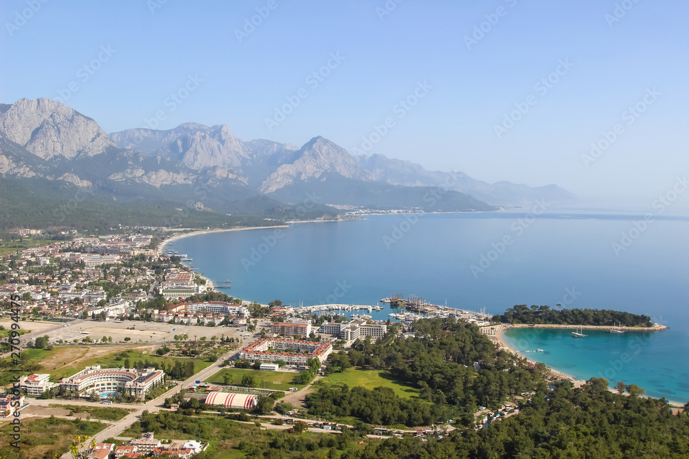 High view of the city of Kemer in Turkey and the Mediterranean sea (moonlight Bay and port)