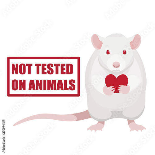 Not tested on animals symbol. White rat holding red heart vector illustration and stamp with text.