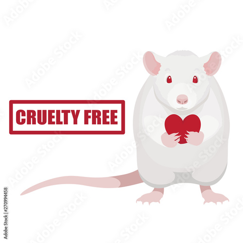 Cruelty free symbol. White rat holding red heart vector illustration and stamp with text.