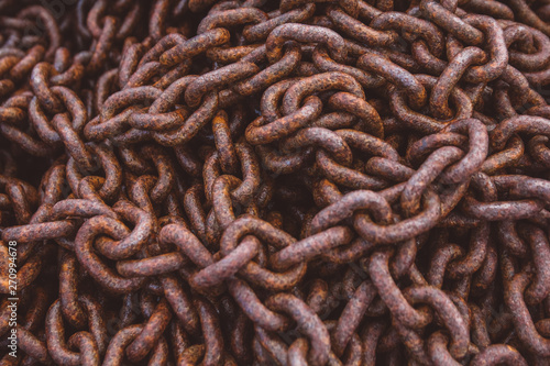 Abstract of Thick Rusty Chain Background Image. Top view. Copy space. Can use as banner.