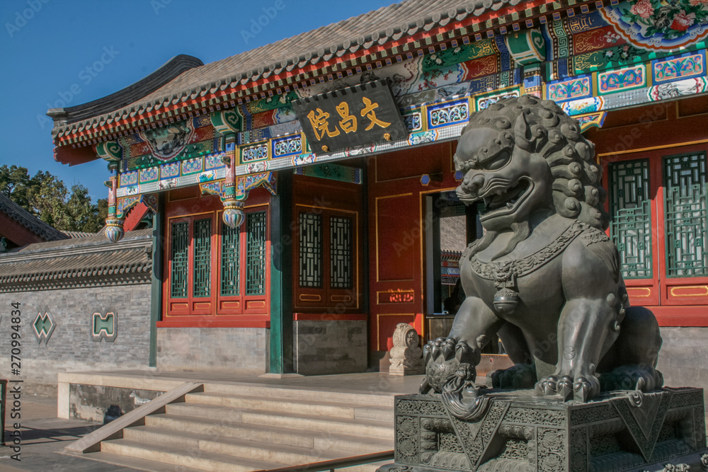 Fototapeta premium Lion Stadue (Right), Front gate of WenChengYeun 文昌院, Summerpalace, Beijing, China