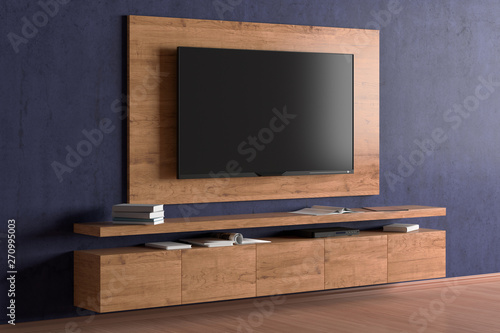 TV screen on the wall with wooden plate above the cabinet in modern living room