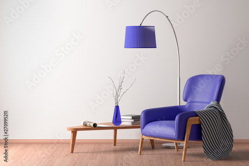 Interior of living room with armchair, coffee table, floor lamp