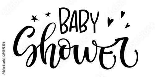 Baby shower logo quote. Baby shower hand drawn lettering, calligraphy phrase. Simple vector text for cards, invintations, prints. Stars, heart, fluorishes decor. Landscape design.