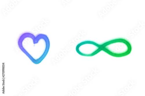 Graffiti heart and infinity sign sprayed on white isolated background