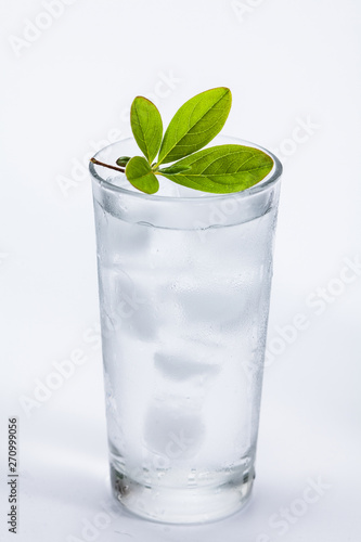 Glass of cold ice water with green leaf on white background