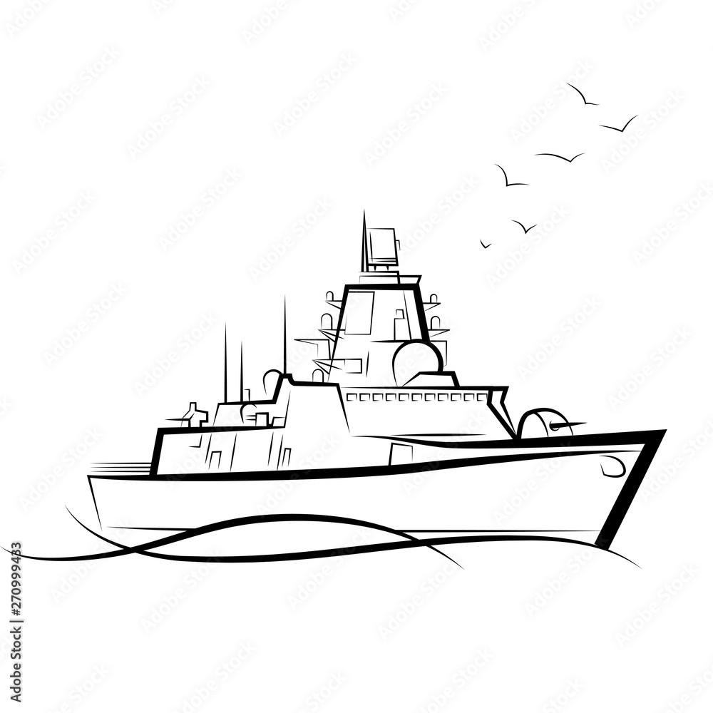 Russian military warship. Drawing vector illustration