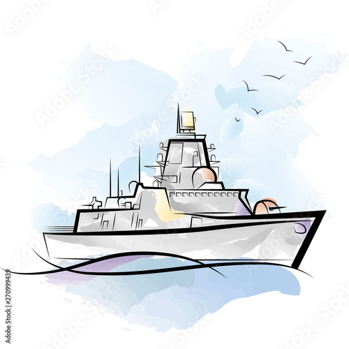 Russian color military warship. Drawing vector illustration