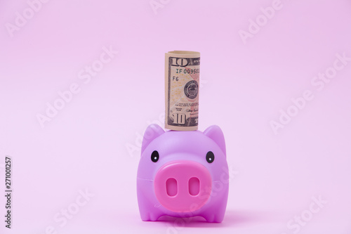 Pink Piggy bank on soft pink background with USD dollar money banknotes