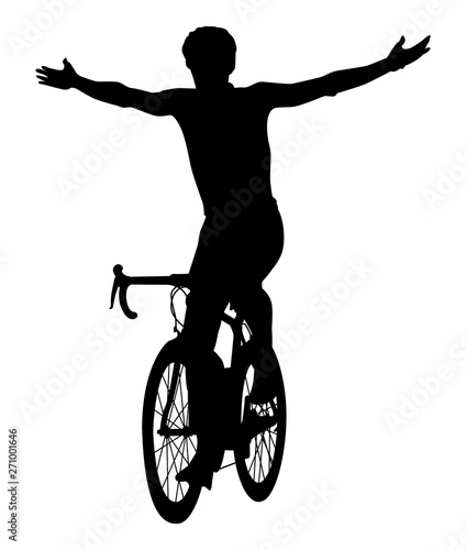 Silhouette noire d'un cycliste victorieux à la ligne d'arrivée sur fond blanc photo