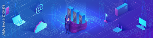 Network security 3d isometric vector illustration, data protection concept, firewall attack, phishing scam, server networking, information safety , laptop, computer