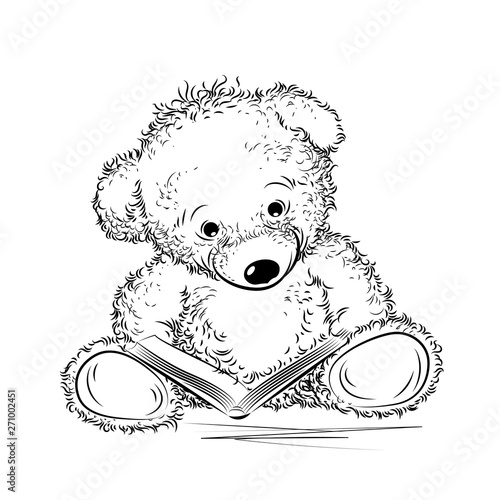 Drawing Teddy Bear with book. Black and white vector illustration