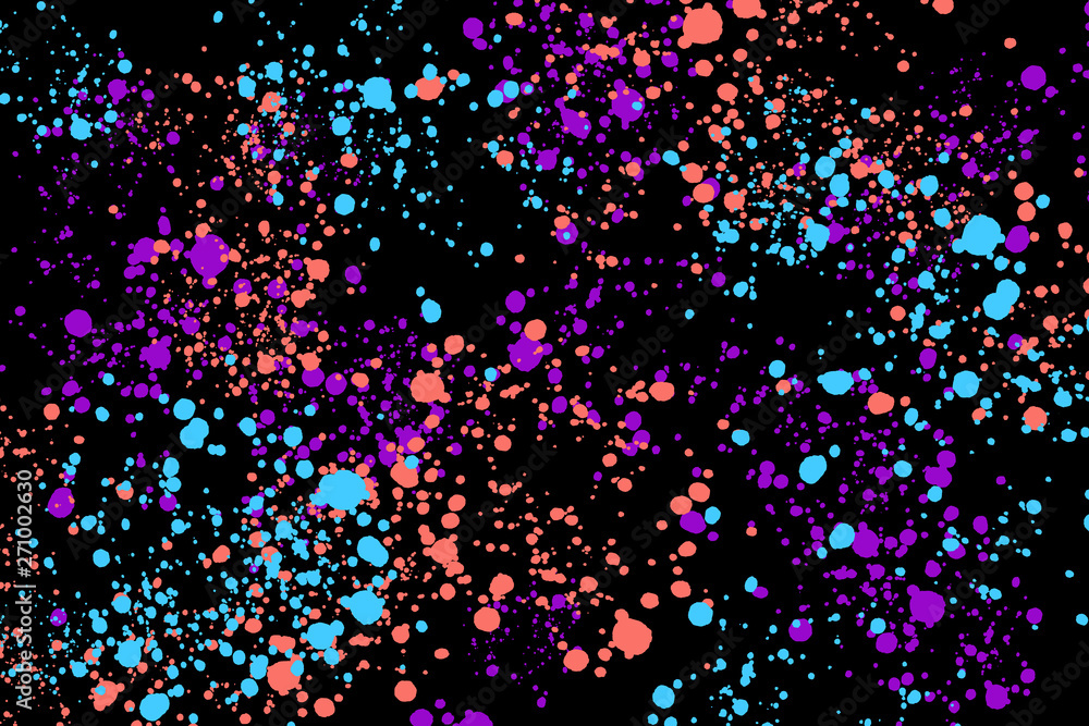 Neon cyan, purple and coral random round paint splashes on black background. Color splash and drop pattern Abstract colorful texture for web, website, presentations, fashion or concept design. Neon cyan, purple and coral random round paint splashes on black background. Color splash and drop pattern Abstract colorful texture for web, website, presentations, fashion or concept design.