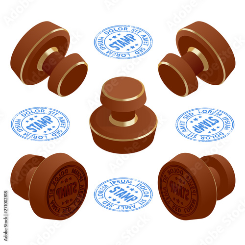 Isometric Wooden round rubber stampers and stamps with text. Set of stamps isolated on white background photo