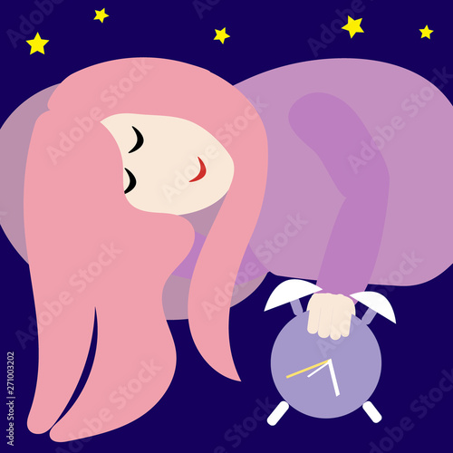Sleeping happy woman with alarm clock in hand