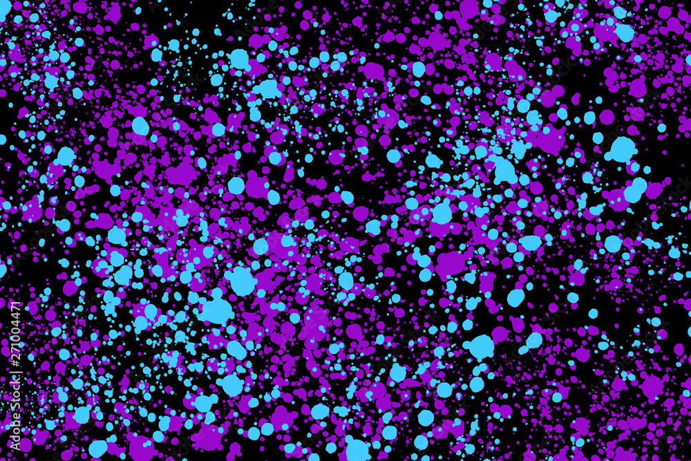 Colorful paint splatter background Neon cyan and purple random round paint splashes on black abstract color texture  Color splash and drop pattern for web-design, website, fashion or concept design.
