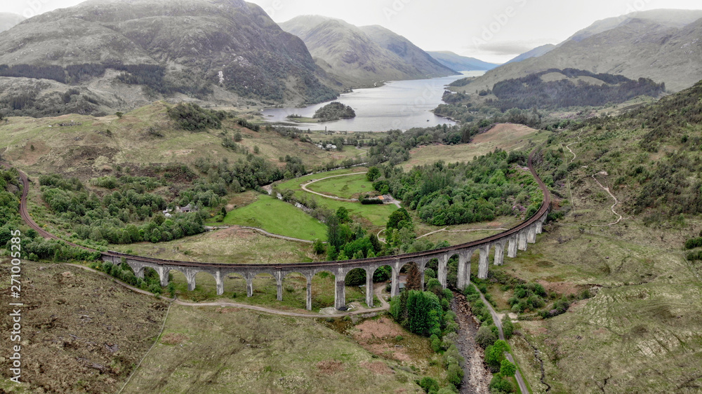 Glenfinnan Viaduct, aerial view by drone - Scotland, UK