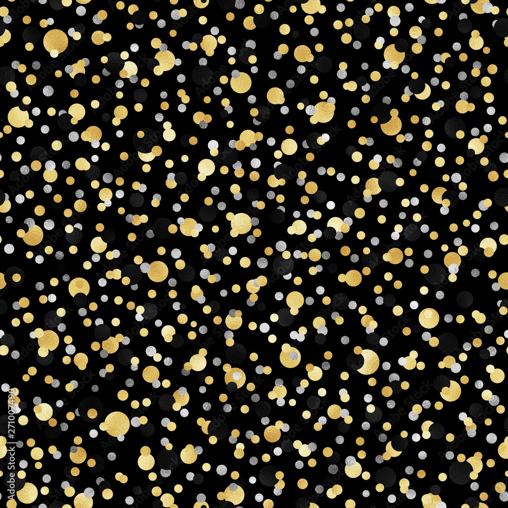 Gold, Silver, and Black Confetti Seamless Pattern - Festive gold, silver, and black confetti repeating pattern design