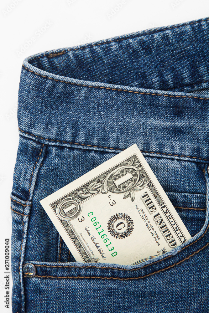 One dollar in front pocket of blue jeans One dollar in front pocket of blue jeans